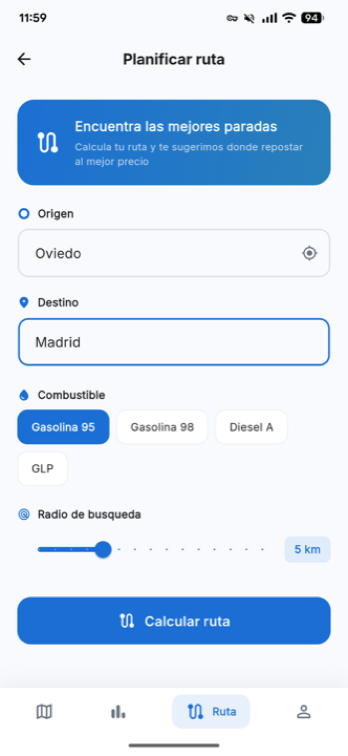 Formulario del planificador de rutas
