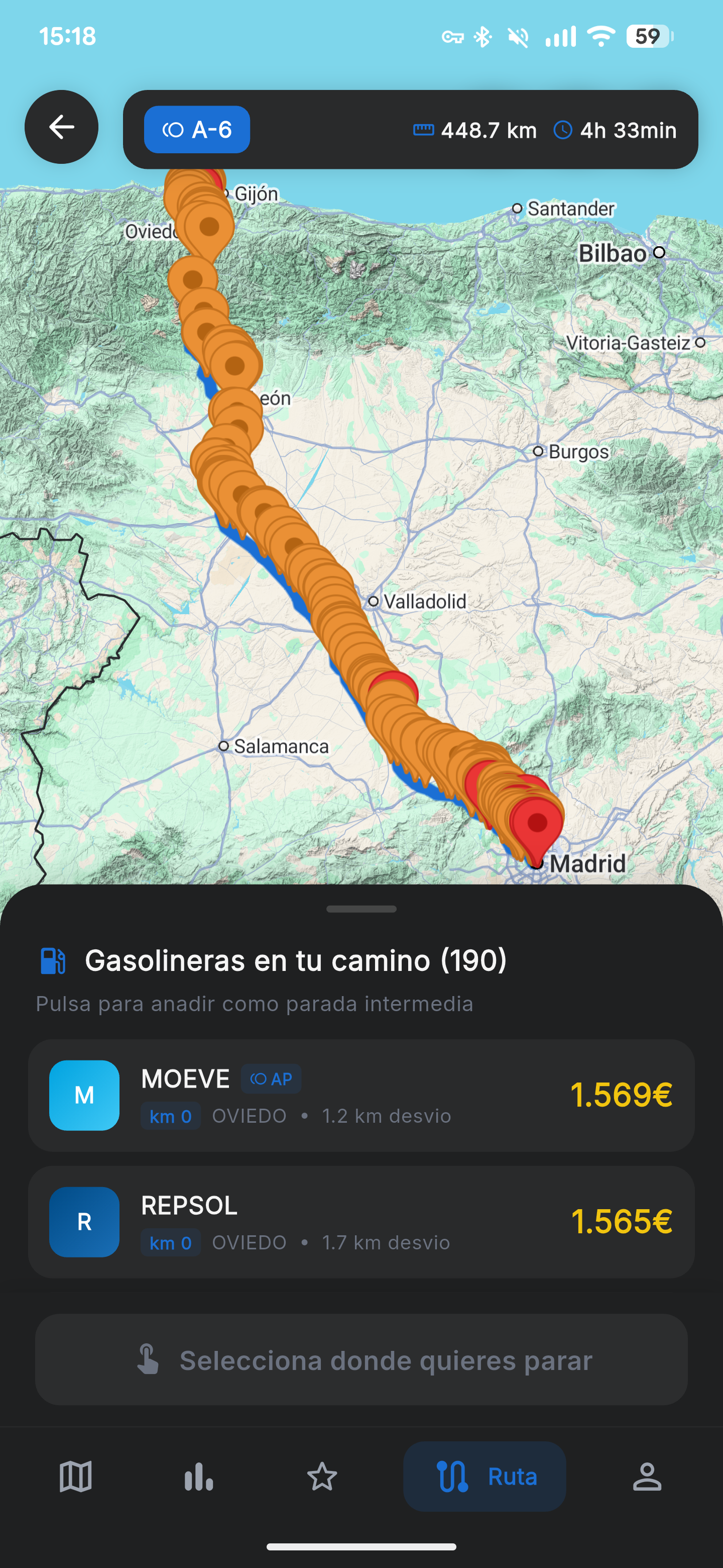 Resultado de la ruta con paradas óptimas